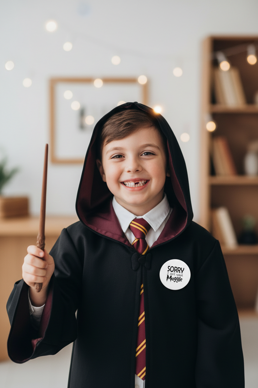 Round pinback button on a dark robe, “SORRY I don't Speak Muggle” text