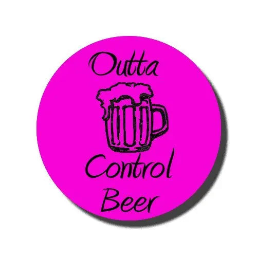 1.25-inch button pin with magenta background, black beer mug and 'Outta Control Beer' text
