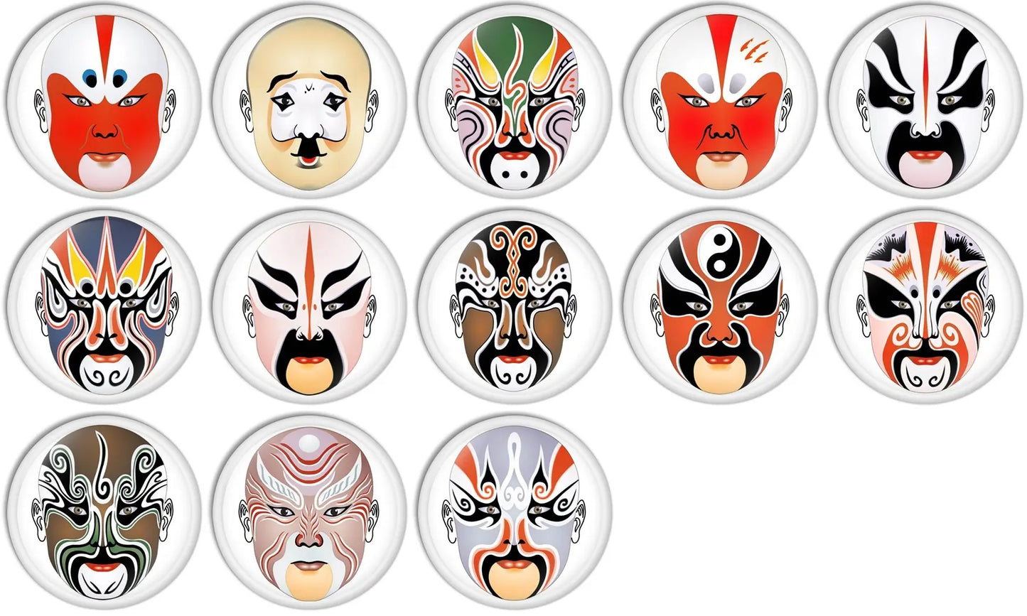 Set of round pinback buttons with Chinese opera mask designs, 1-inch (25mm)