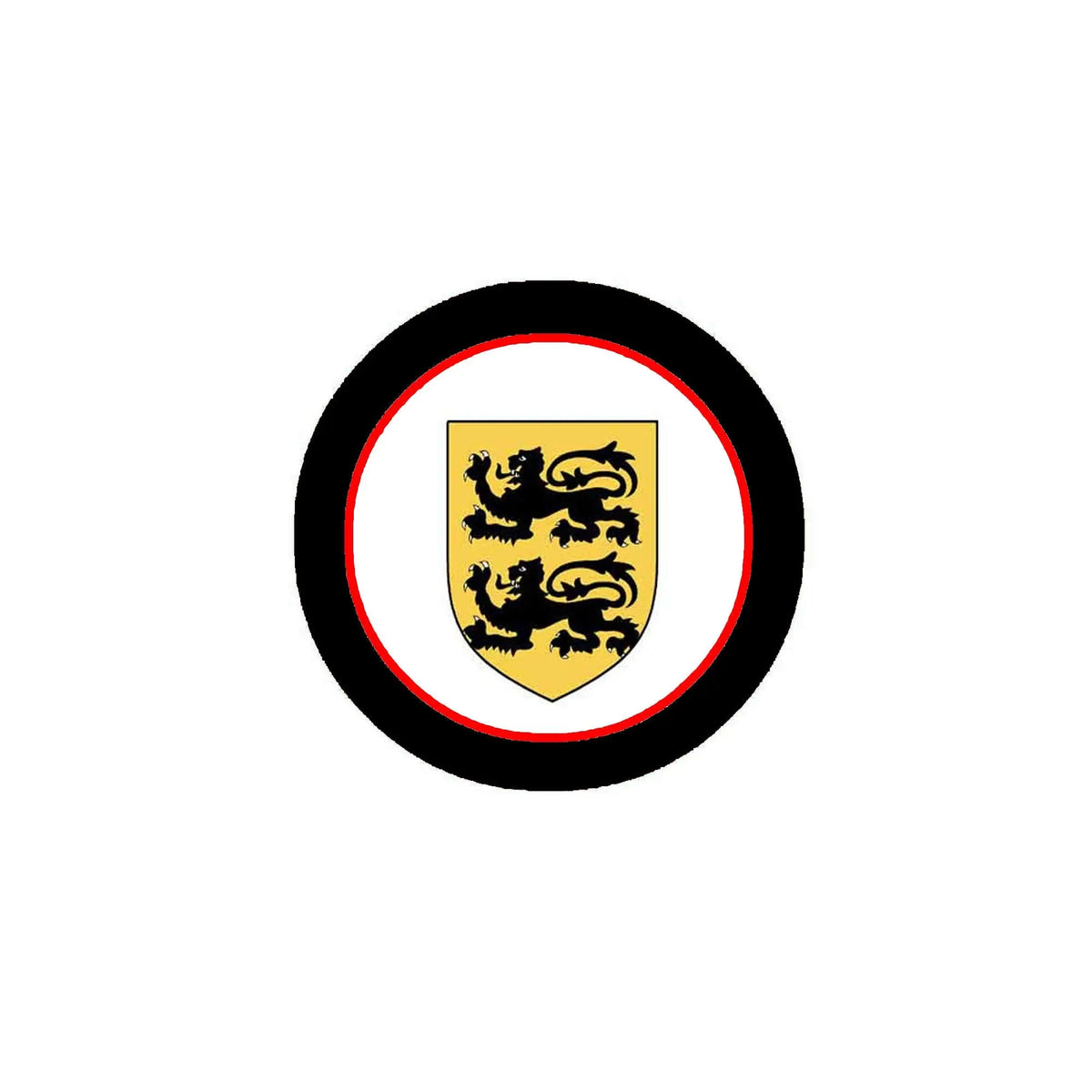 Coat of arms magnet with black ring, red border, and yellow shield emblem