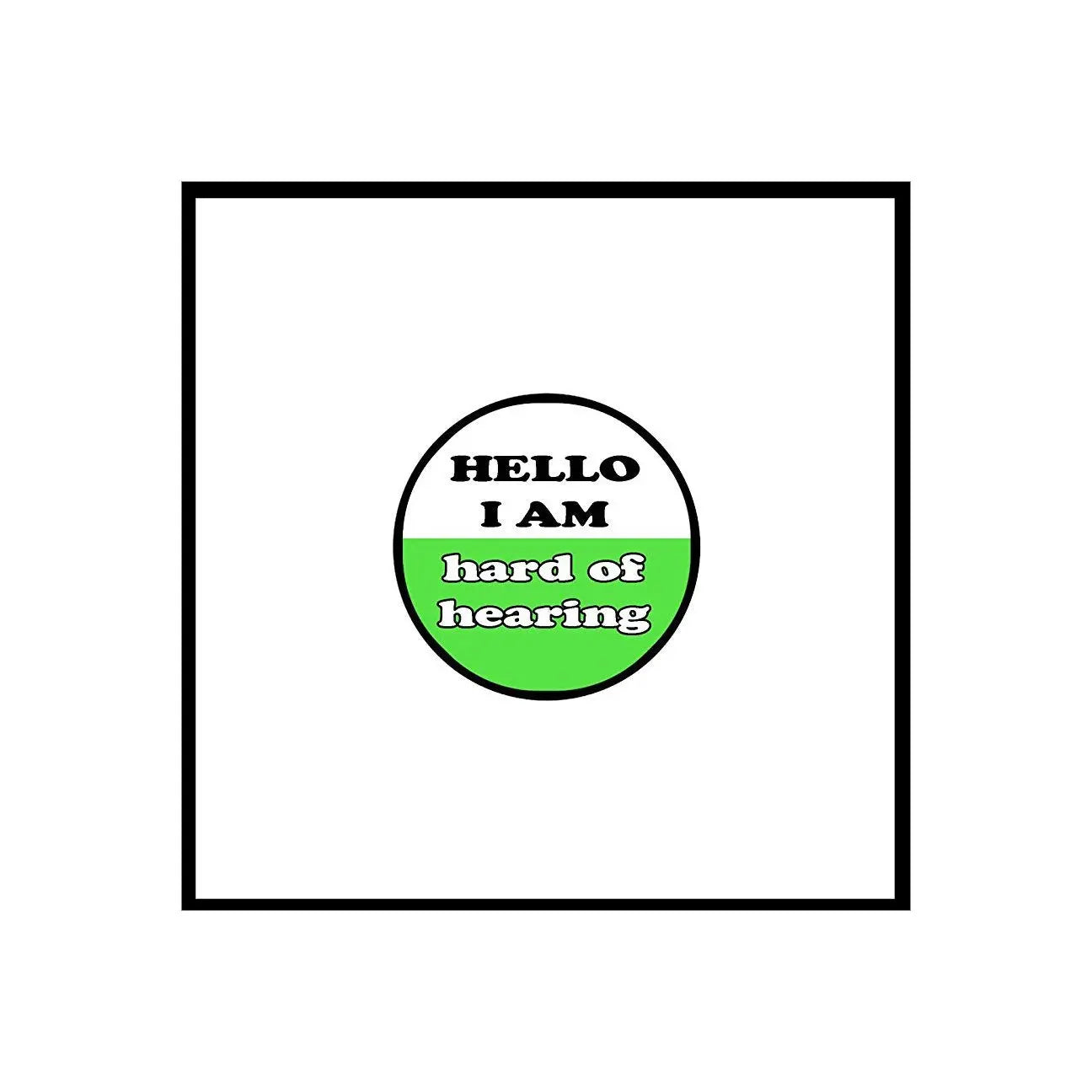 Round hard of hearing message button pin, black border with green/pink text