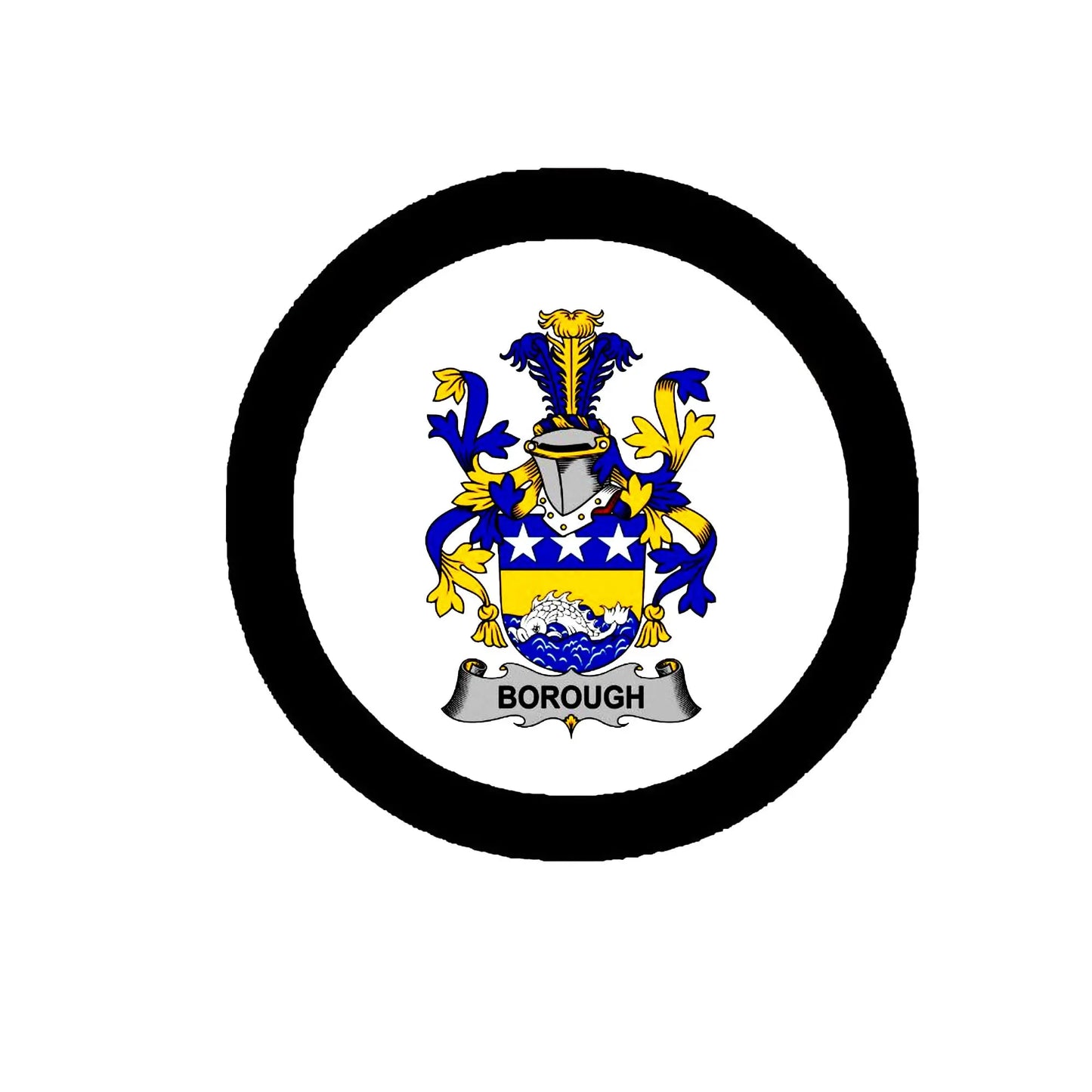 Circular coat of arms crest magnet with blue and gold shield and black border