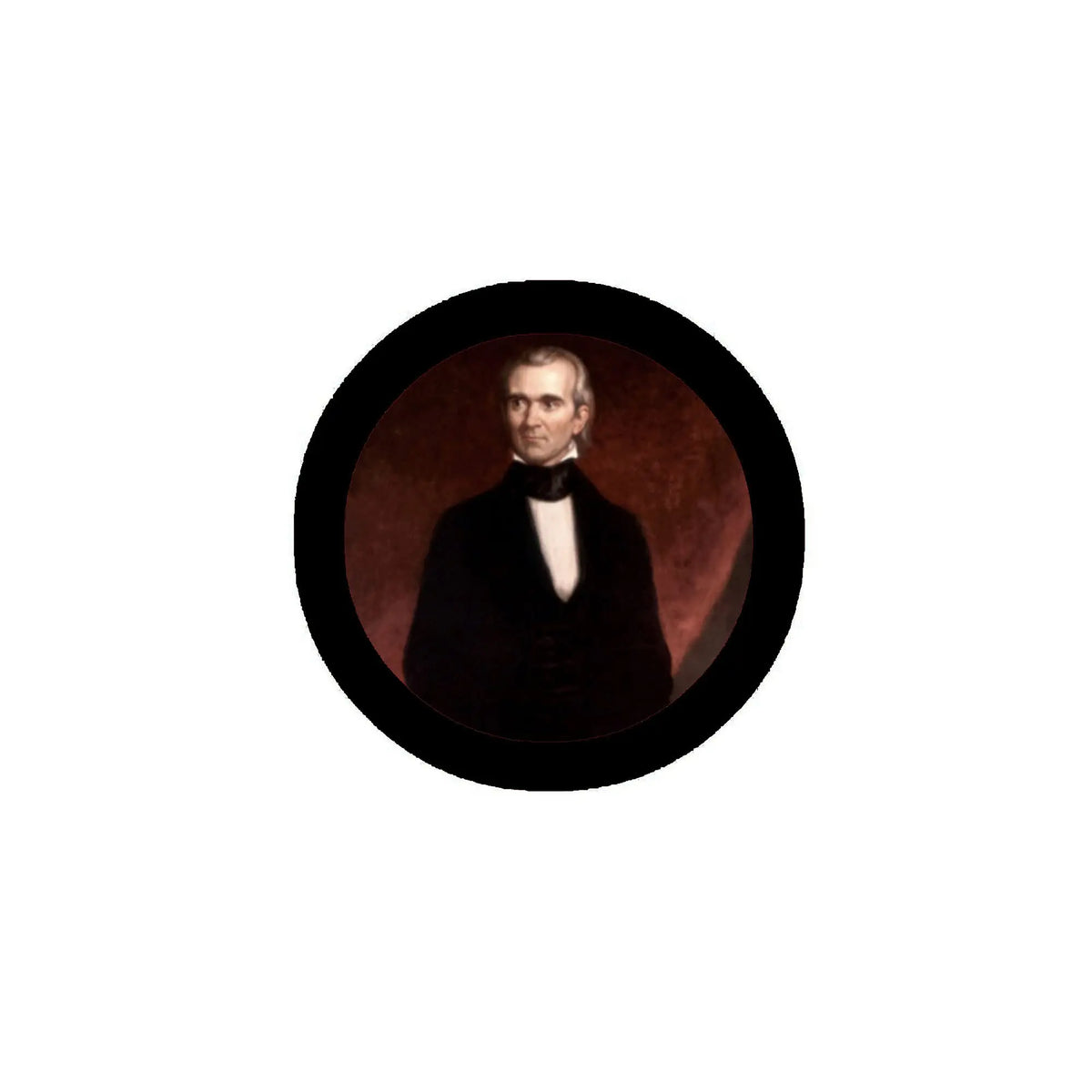 James K. Polk P pinback button with circular black frame and portrait
