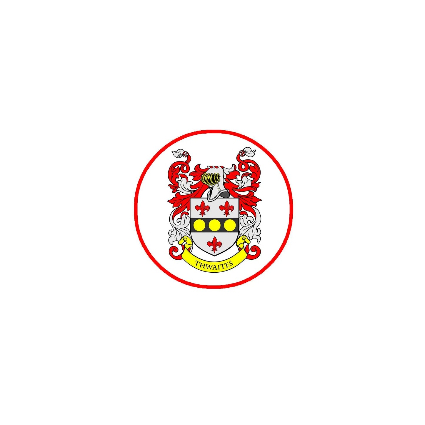 Round coat of arms pinback badge with red border and Thwaites crest