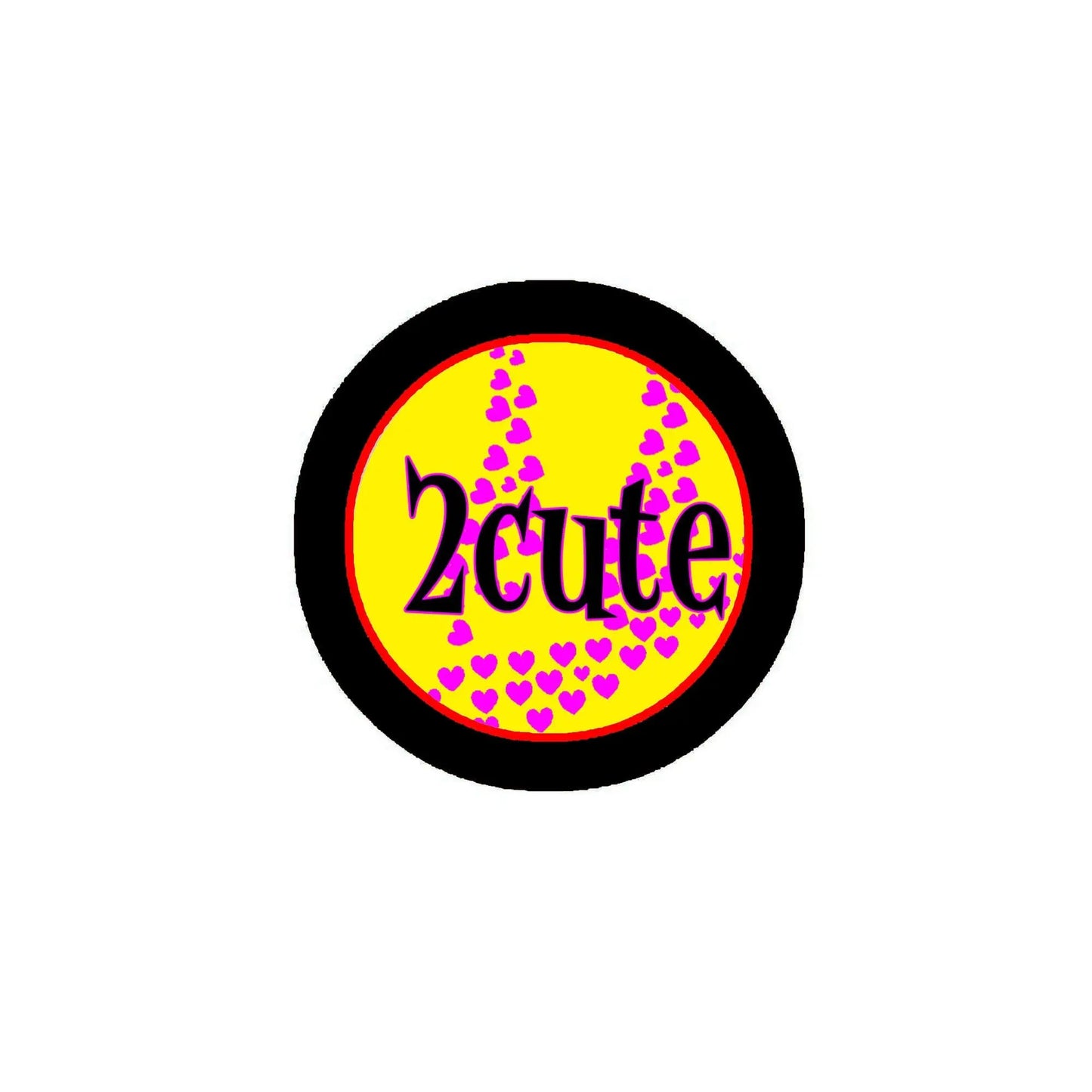 2.25-inch pinback button with black rim, yellow center '2cute!' and pink hearts