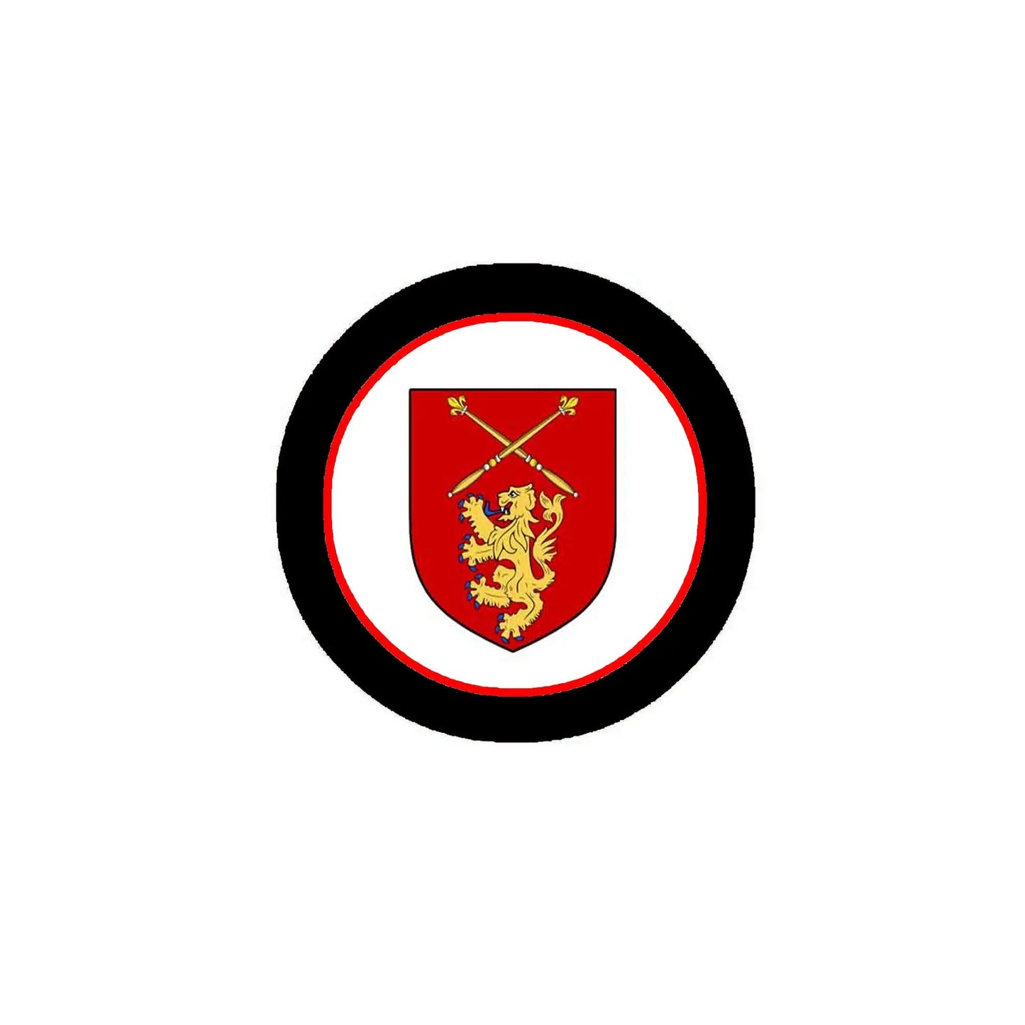 3-inch circular coat of arms fridge magnet, black ring with red shield and gold lion