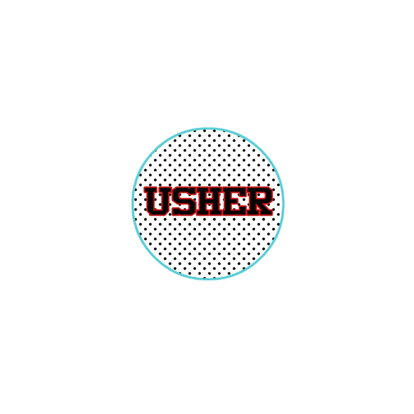 Circular USHER pinback button with dotted background and red letter logo