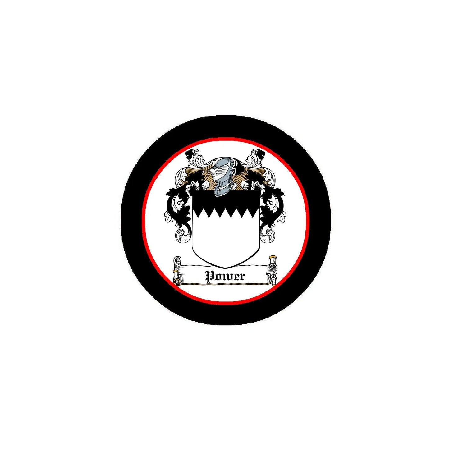 Round pinback badge brooch with black frame, red ring, and Power coat of arms