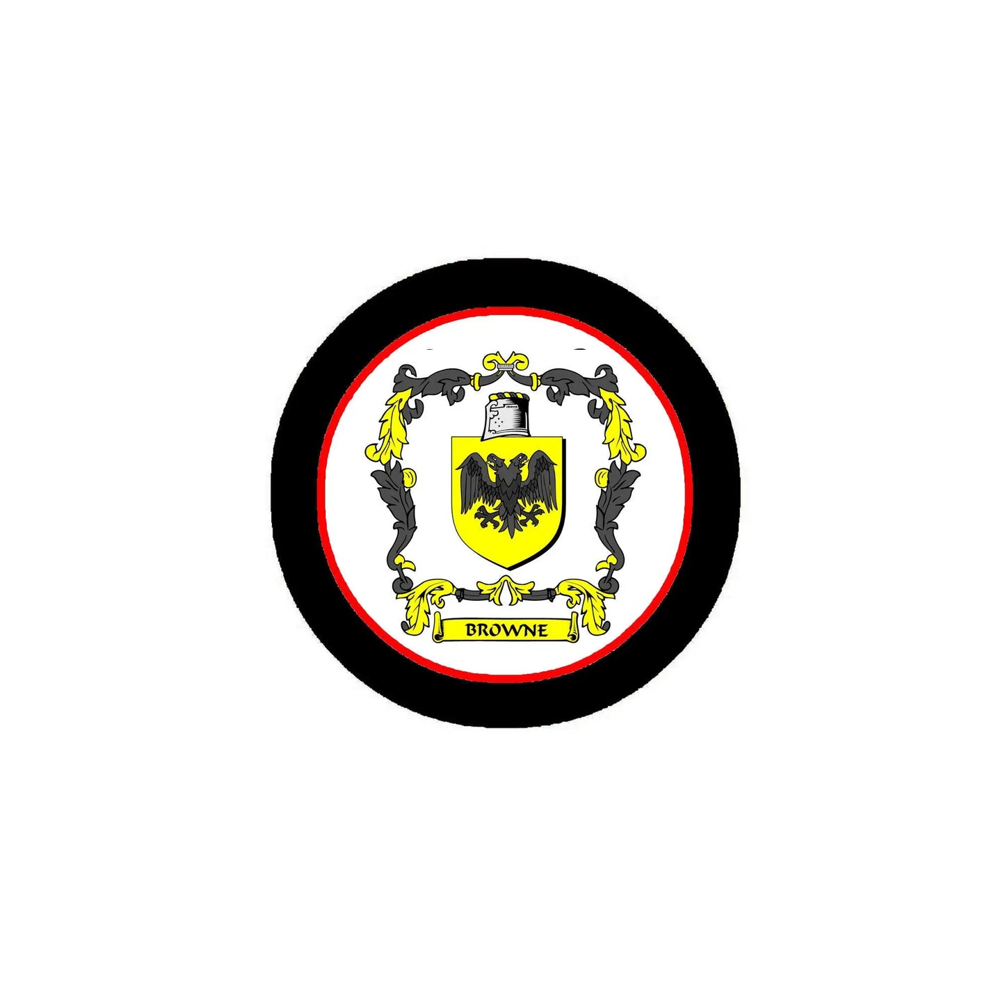 Browne family crest coat arms round magnet with black frame and yellow shield