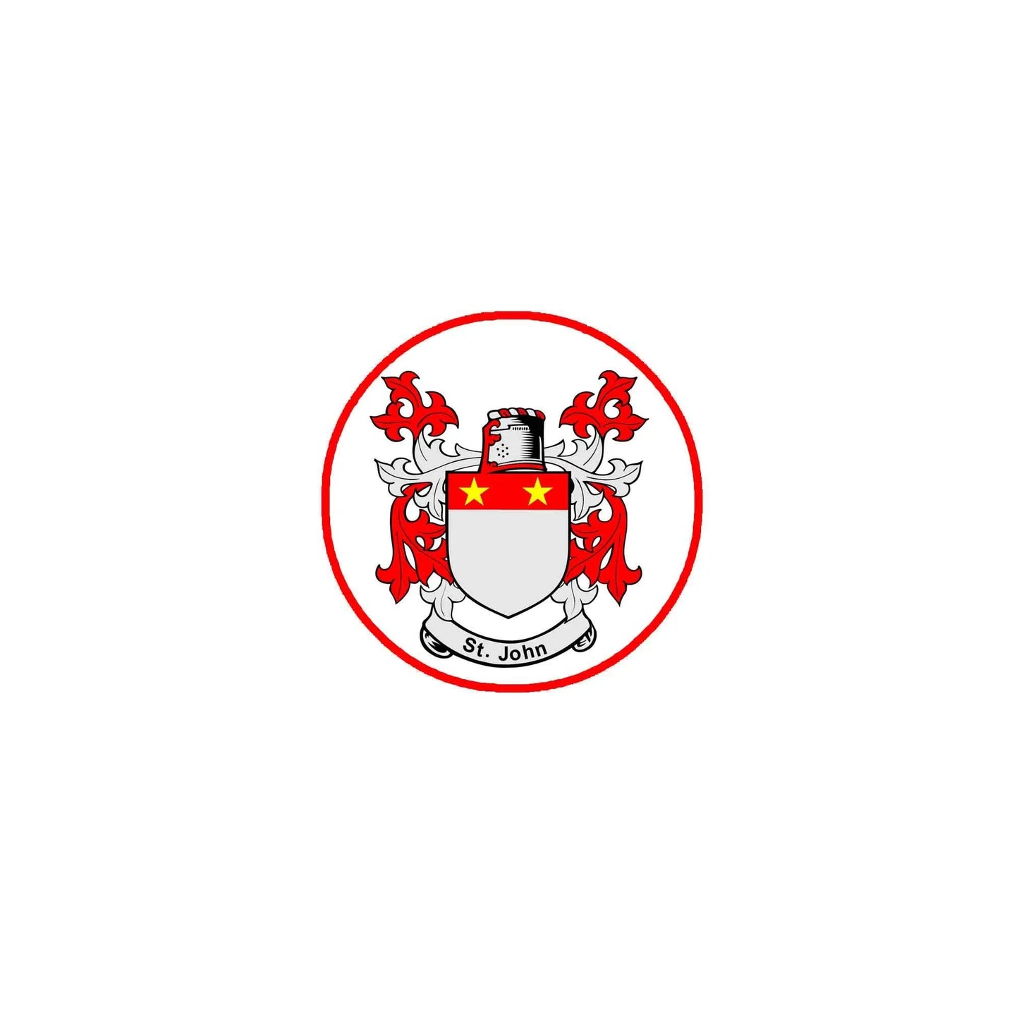 Round pinback badge with red-and-white family crest, shield and stars