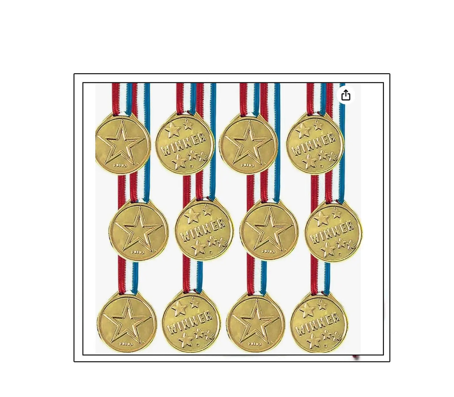 Gold plastic winner medals with star emblems and striped red-blue-white ribbons, set of 12