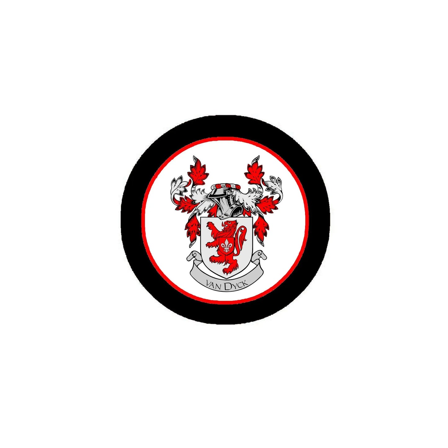 Round crest pinback badge with red and white family coat of arms and black rim