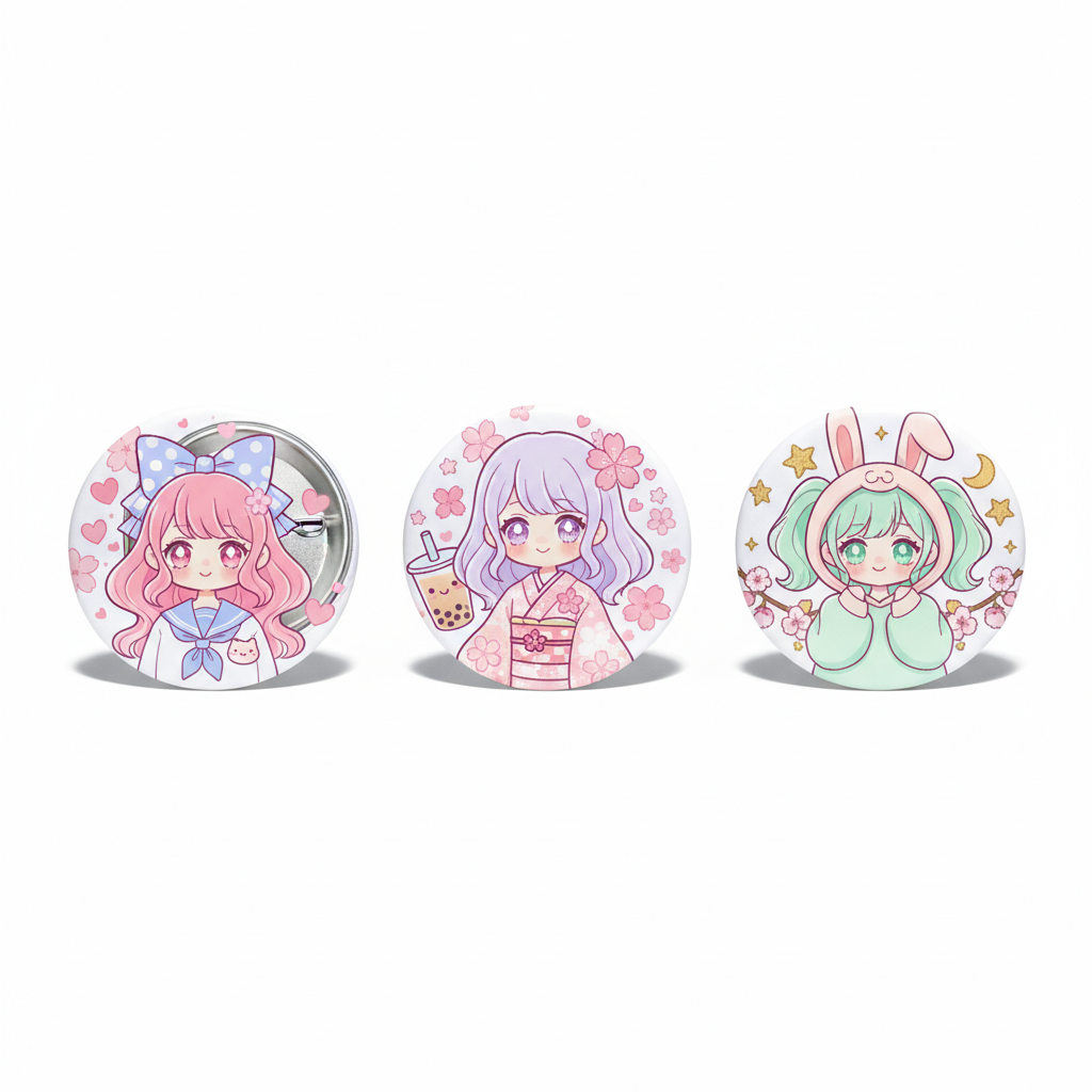 Set of three round pinback buttons with pastel kawaii anime girls, bows and hearts