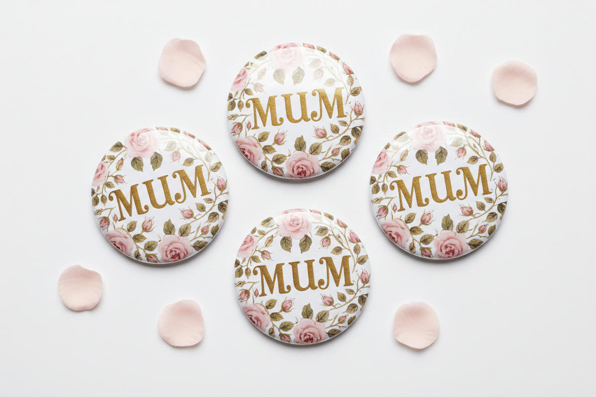Round floral MUM button pins with gold-tone lettering, set of pinbacks