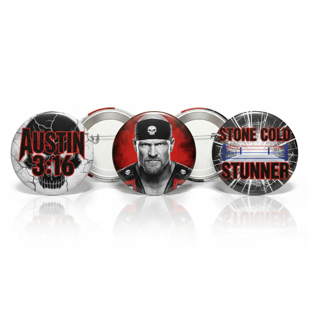 Set of three round 1.25-inch pinback buttons with Stone Cold Austin graphics