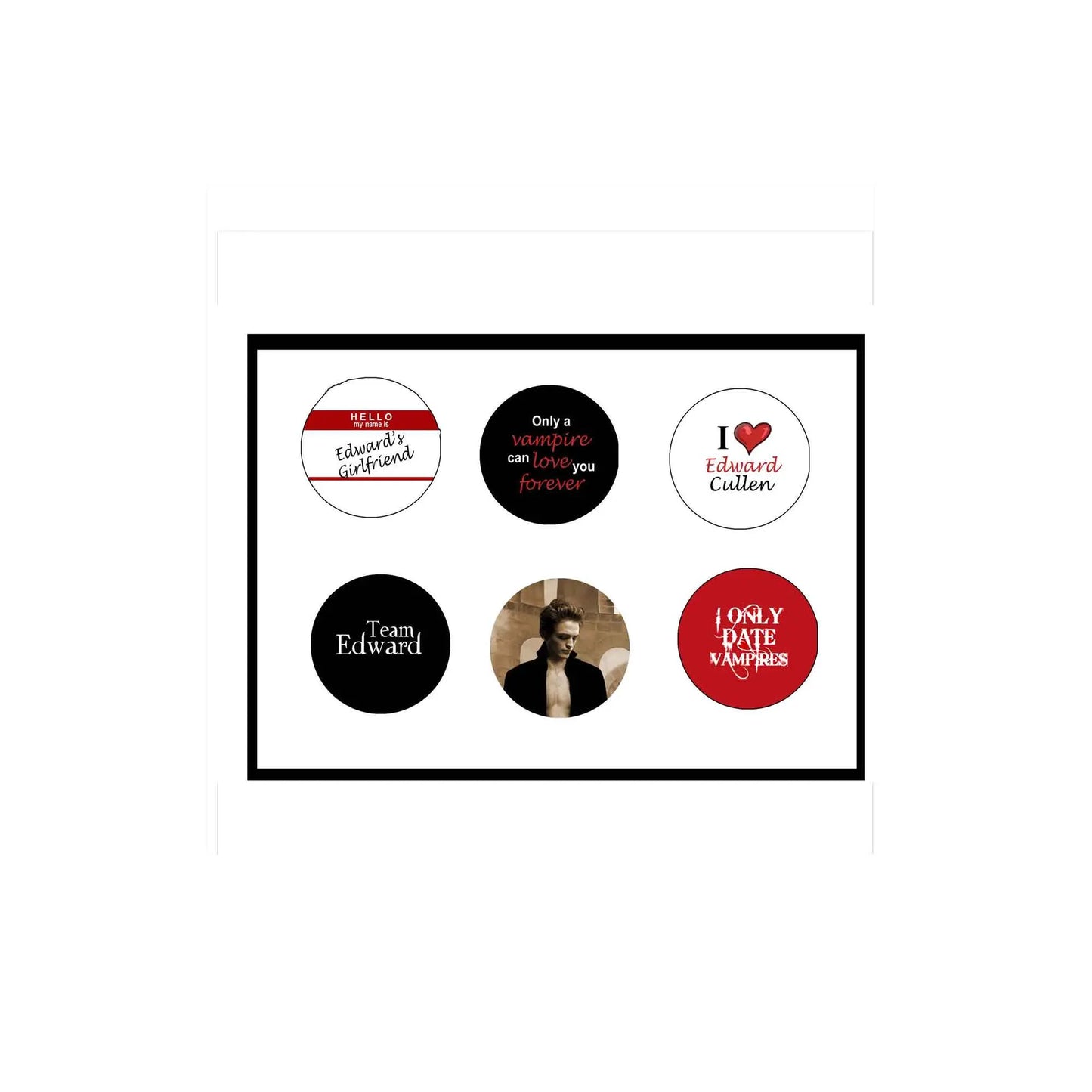 Circular pinback set with Edward Cullen quotes, including red, black, and photo designs
