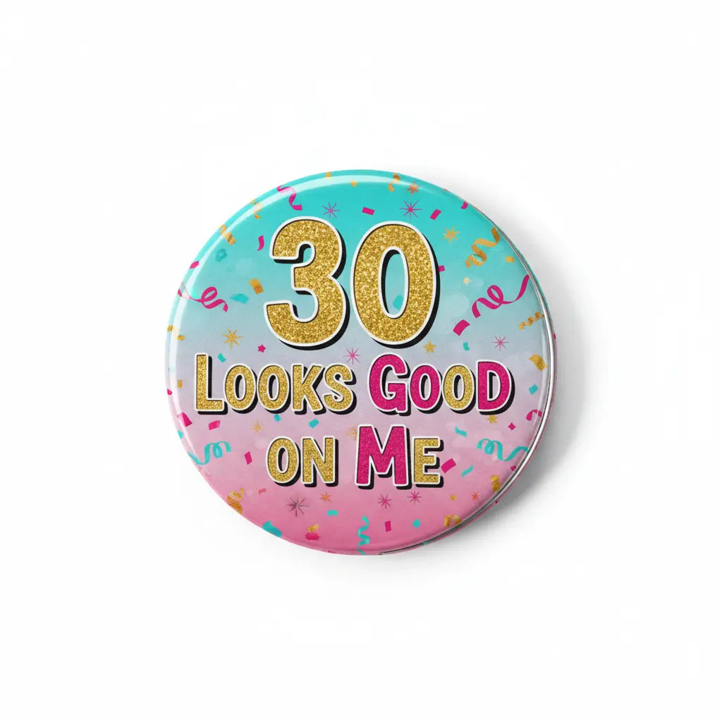 2.25-inch round pinback button: '30 Looks Good On Me' on purple, gold letters