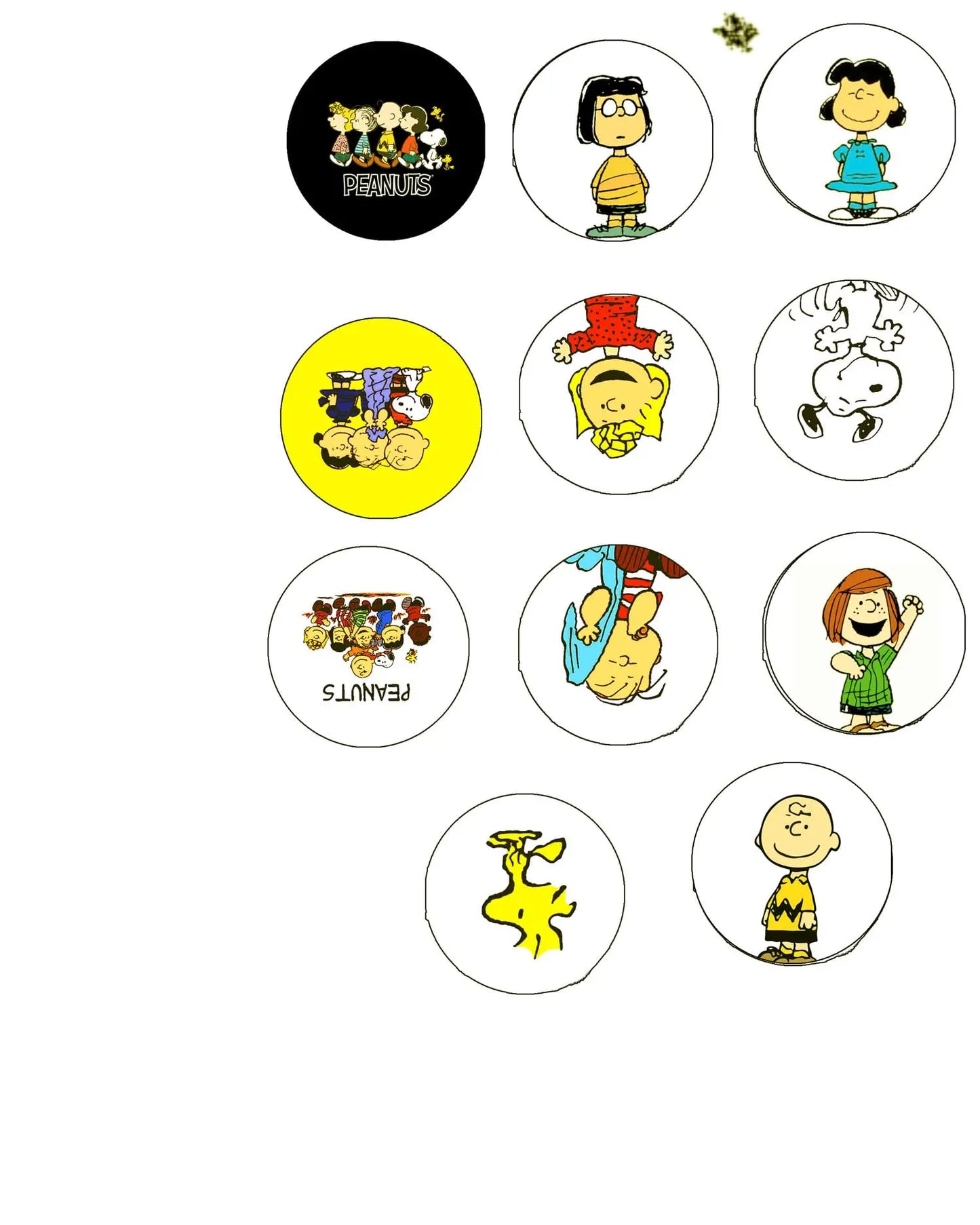 Set of nine circular character magnets with cartoon kids and mascots
