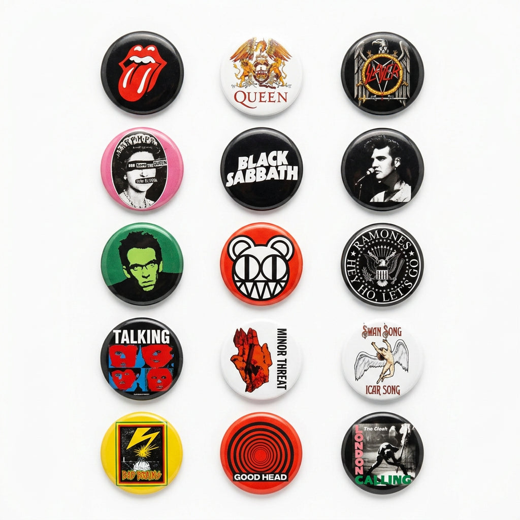 Round black holder with assorted small circular music and band pins