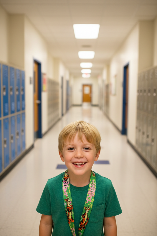 Little Tigger green character lanyard with metal clip, worn by child