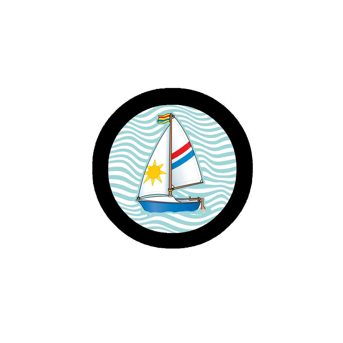 2.25-inch sailboat button badge pinback with black rim and ocean wave background