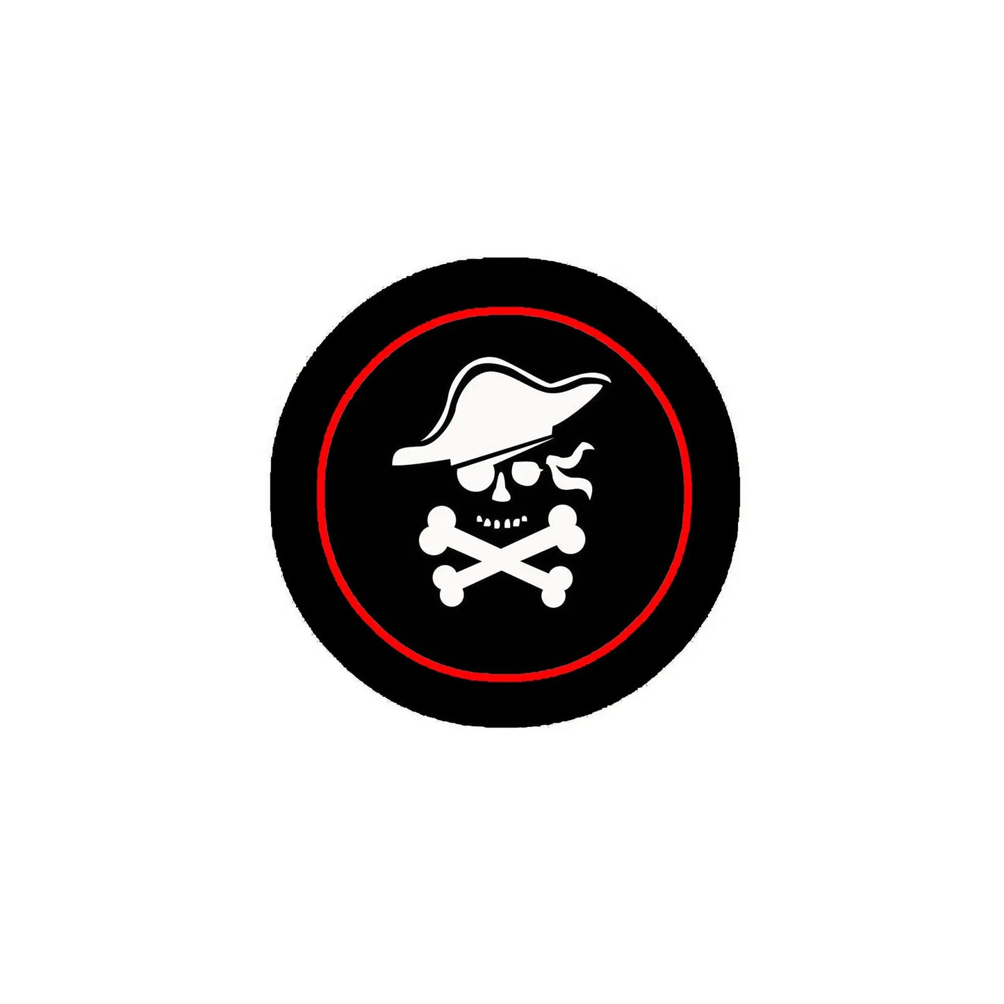 Round pirate lapel pin with black face, red border, and white skull & crossbones