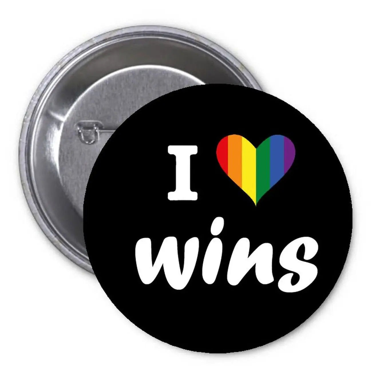 Rainbow heart I Love Wins pinback button, black circle, 1.25-inch