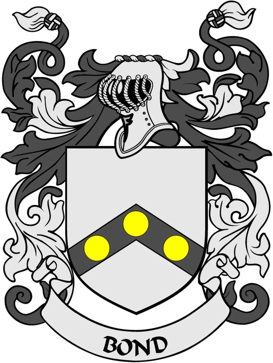 Bond family crest coat-of-arms magnet, black shield with gold dots and scrollwork