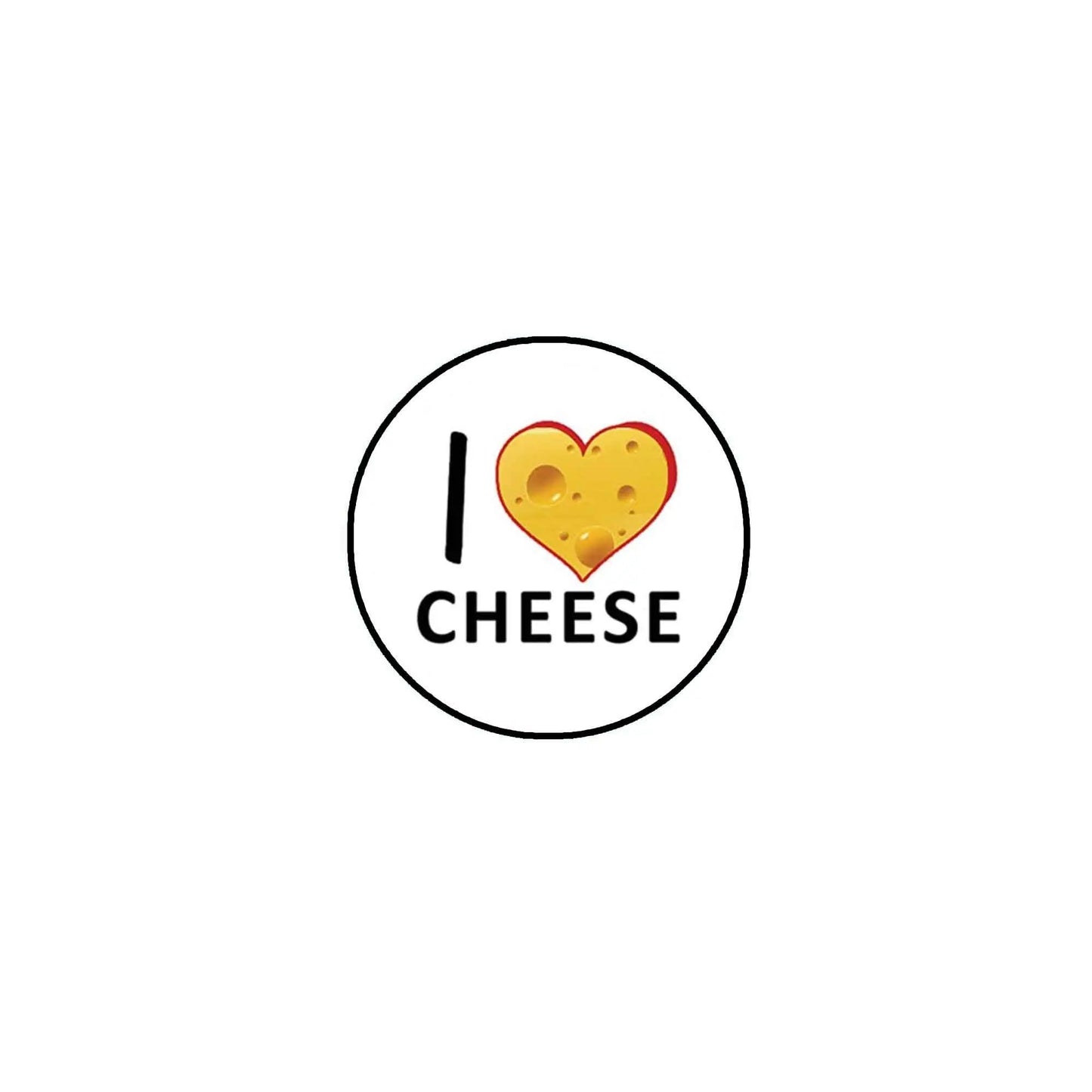 Round white pinback button with heart cheese graphic and "I CHEESE" text