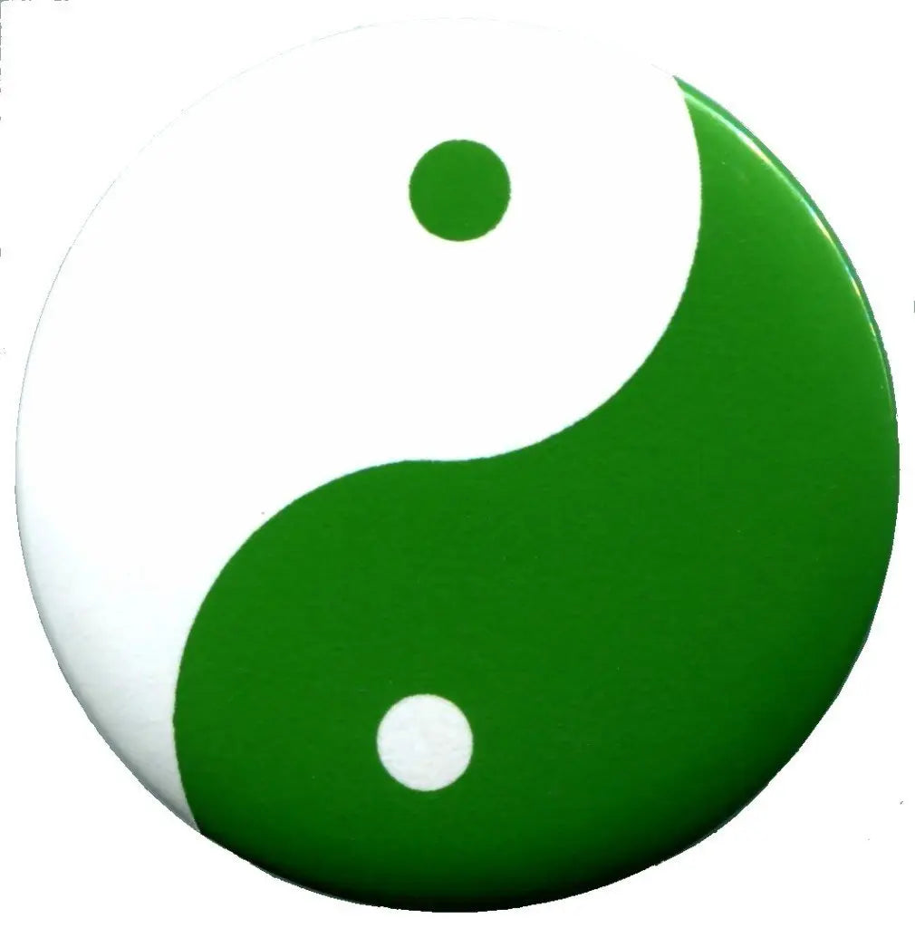 Yin yang pinback button with green and white yin-yang design