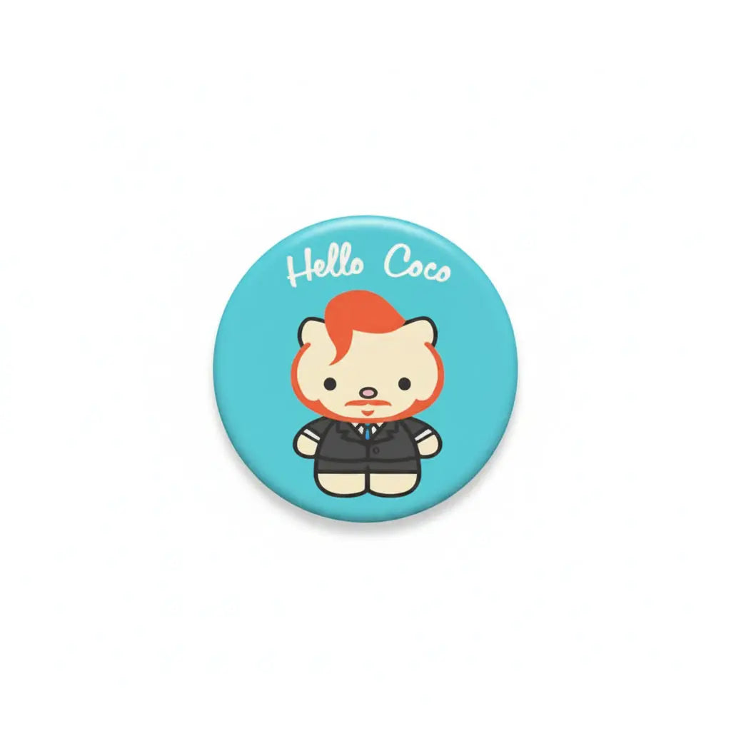 2.25-inch pinback button with Hello Coco character on teal background
