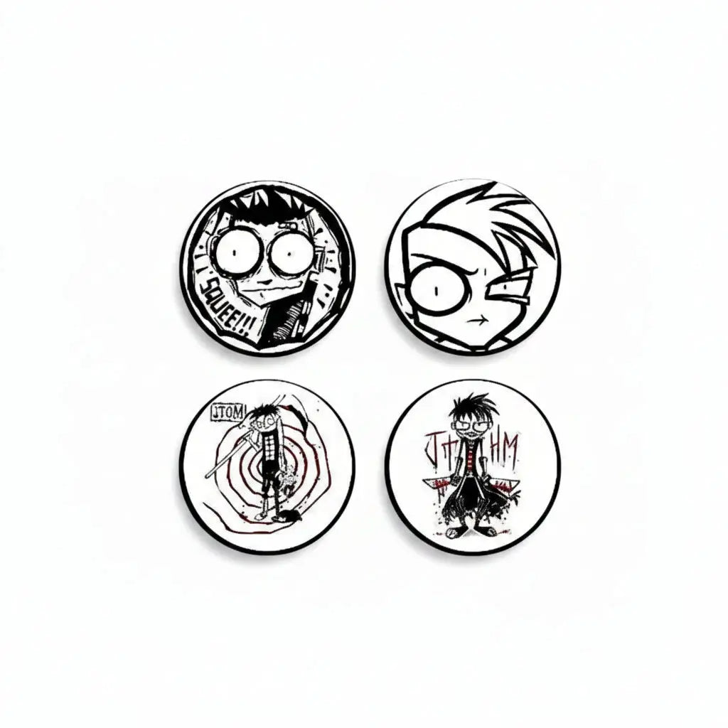 Set of four round button pins with black-and-white anime character designs