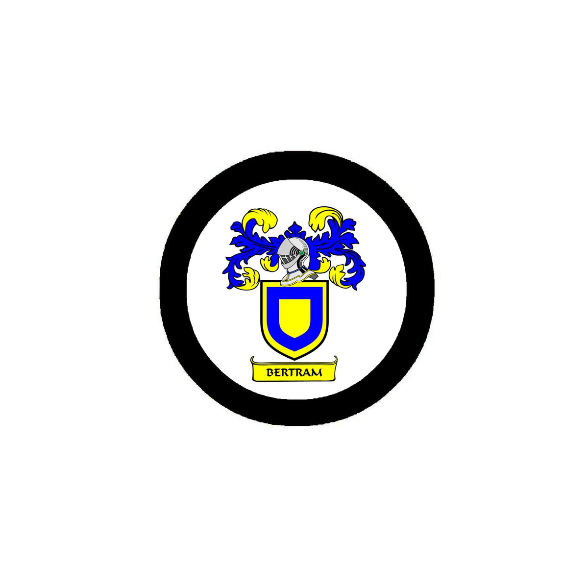 Bertram family crest coat of arms magnet, circular black border with blue shield and crest