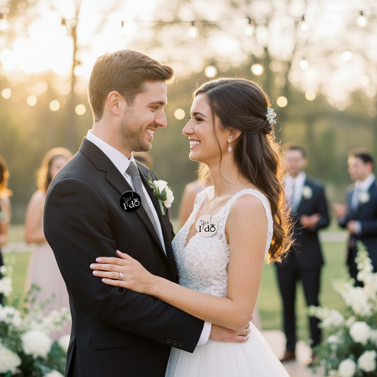 Bride and groom wearing Yes! I do pinback buttons with diamond ring icons