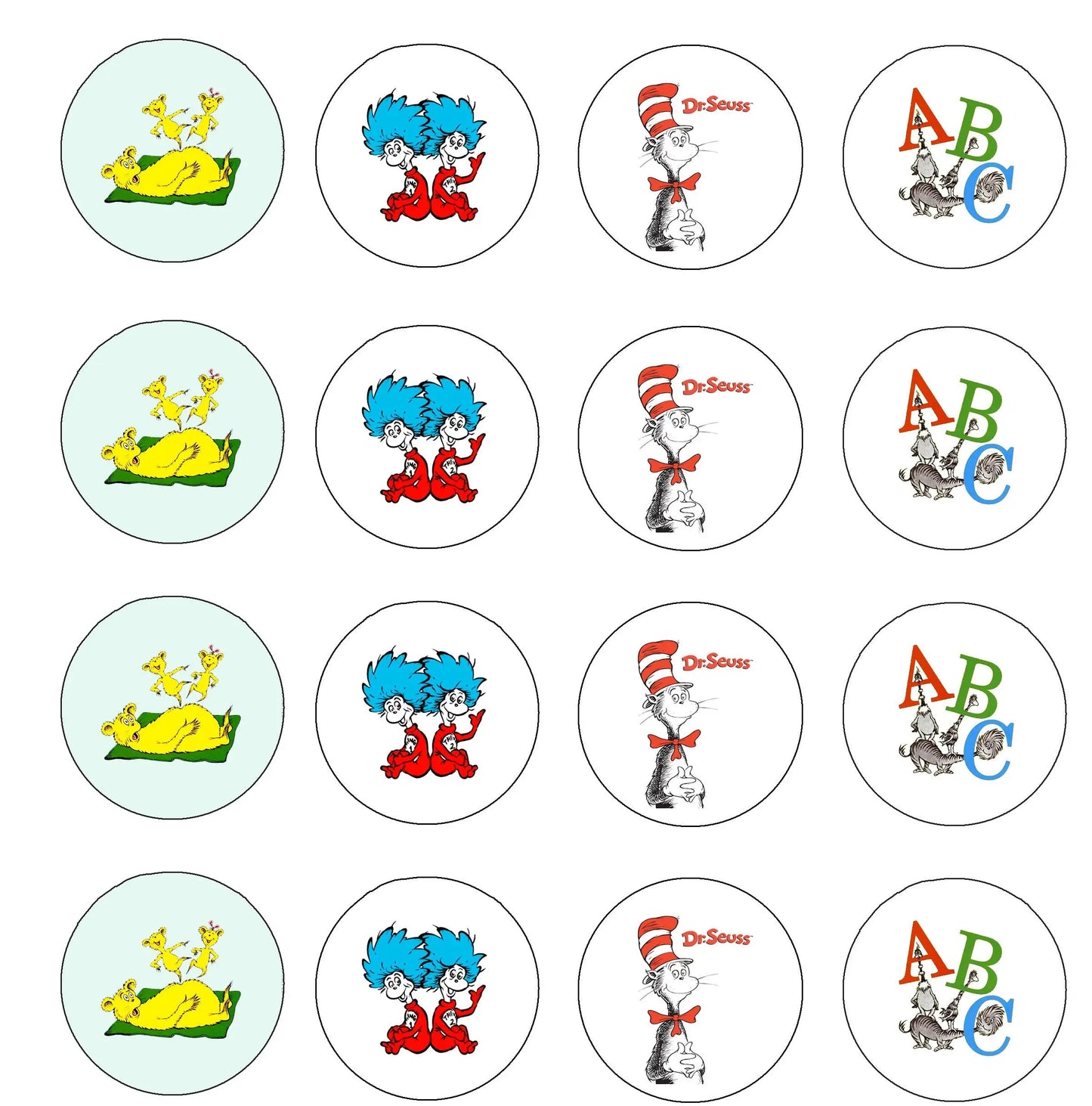 Set of 32 Dr. Seuss pinback buttons, round designs with Cat in the Hat and ABC