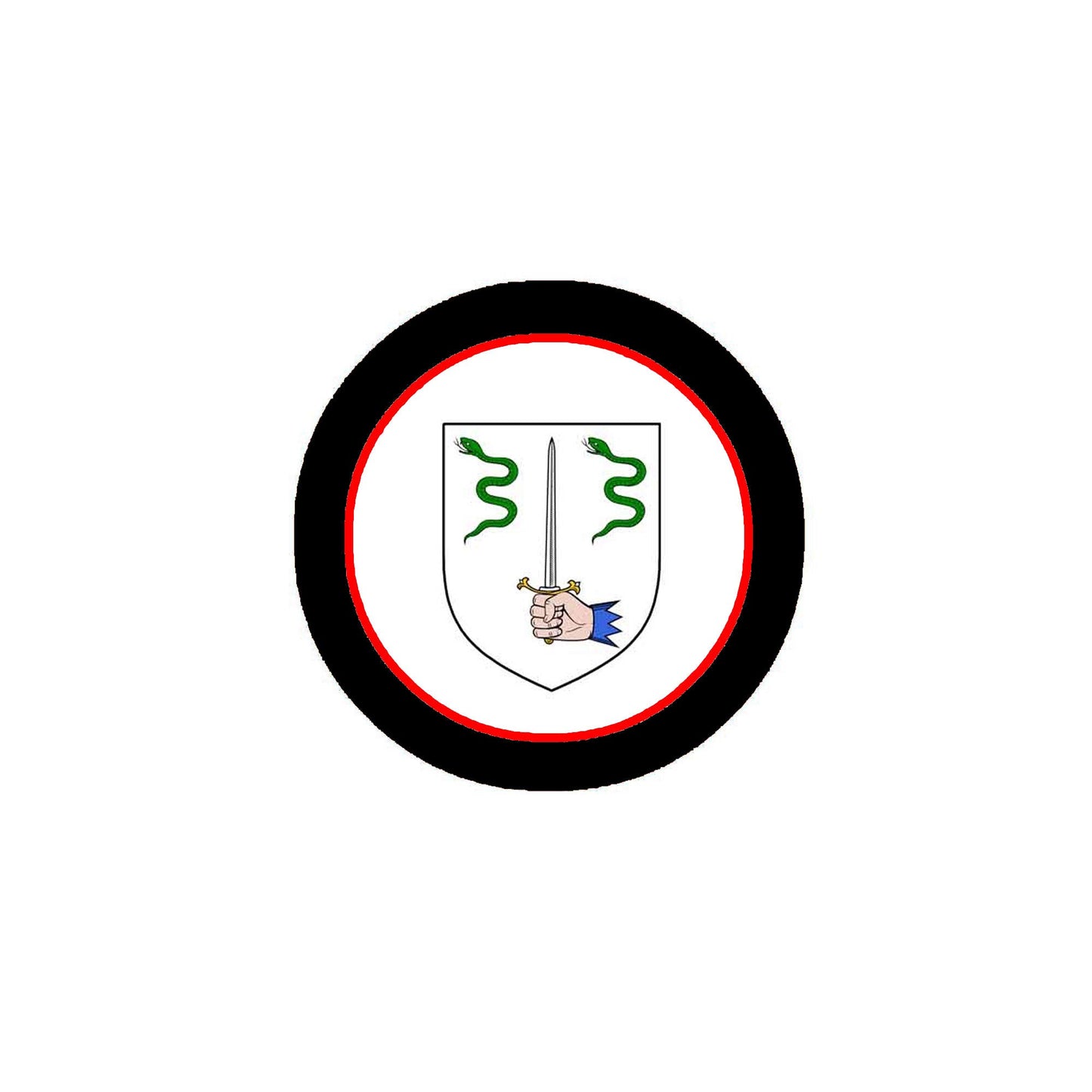 O'Dea coat arms magnet, round black border with red ring and white crest with green ribbons