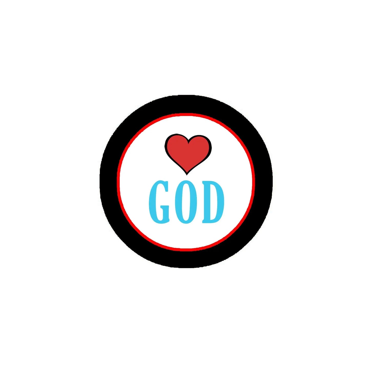 2.25-inch pinback button with GOD text and red heart, black outer rim