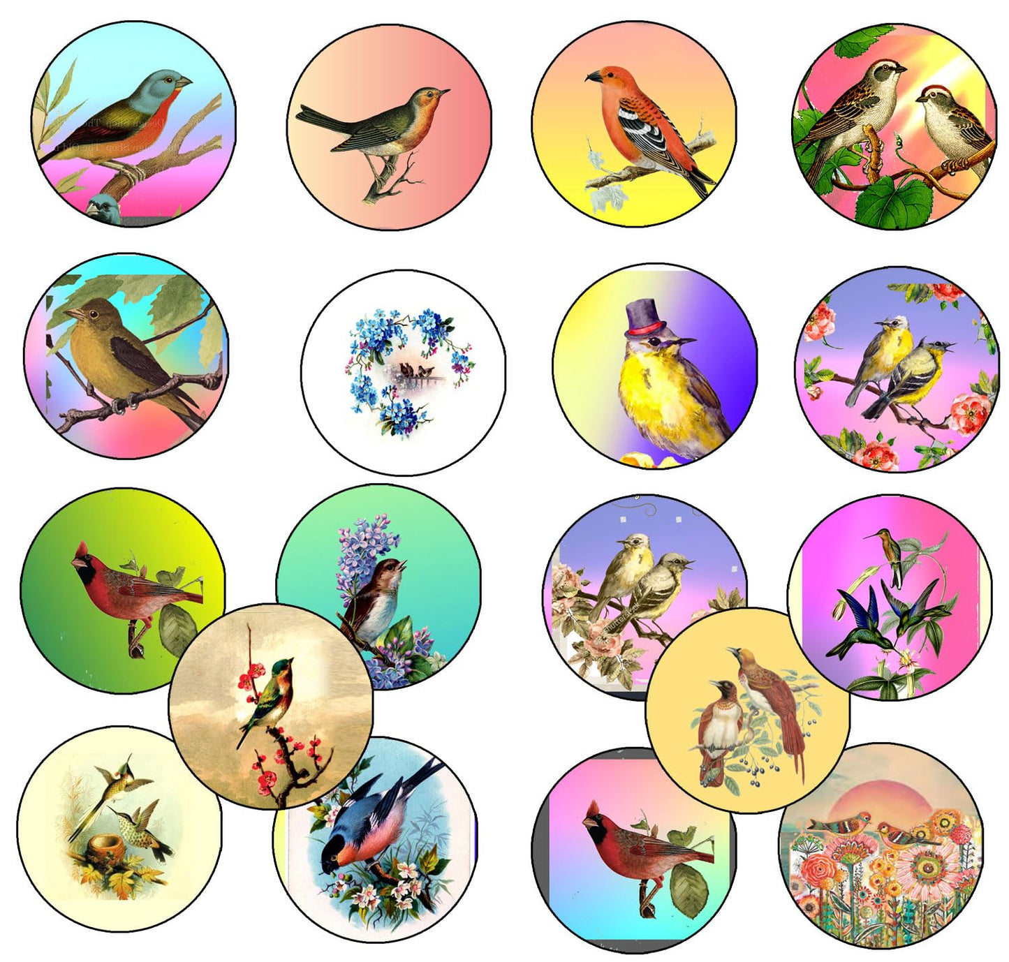 16 Pcs Vintage Oriental Birds Collection Button Pin MINI Pinback Brooch for Jackets, Backpacks, Hats 1.25"