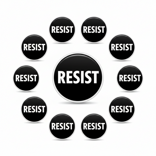 Set of 10 RESIST pinback buttons, black with white RESIST text, round 2.25-inch