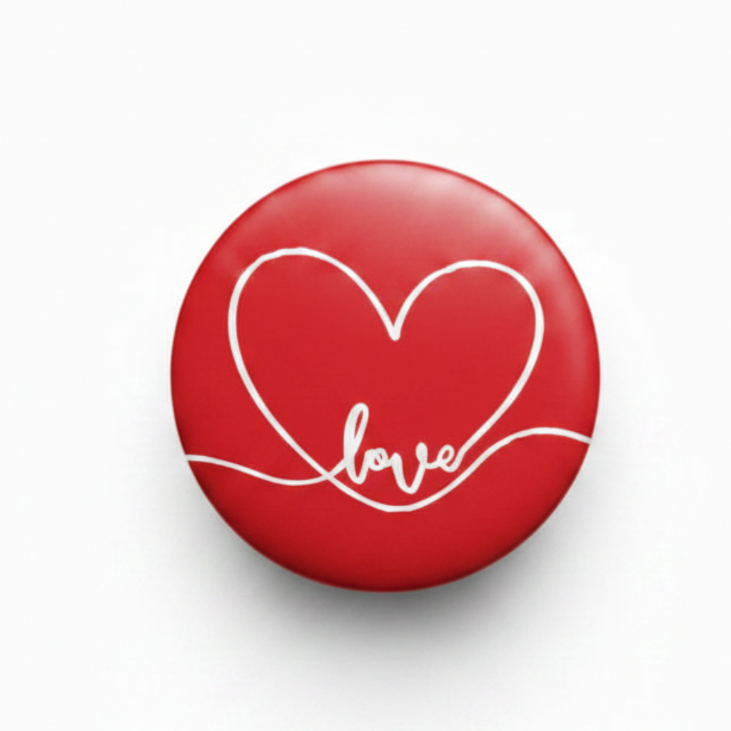 Red retractable badge reel with heart outline and 'love' text