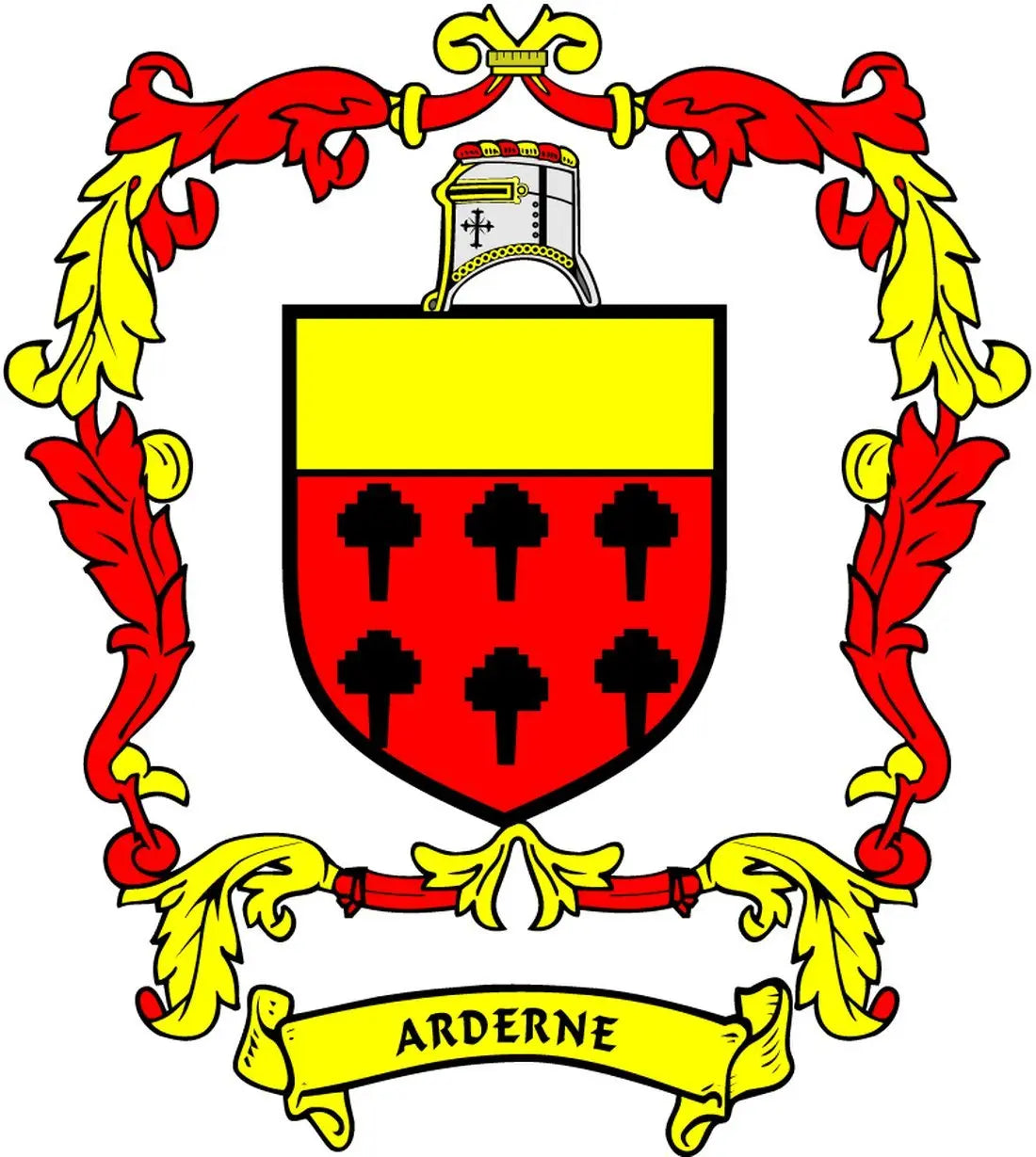 Family crest coat of arms magnet with red shield, banner reading ARDERNE