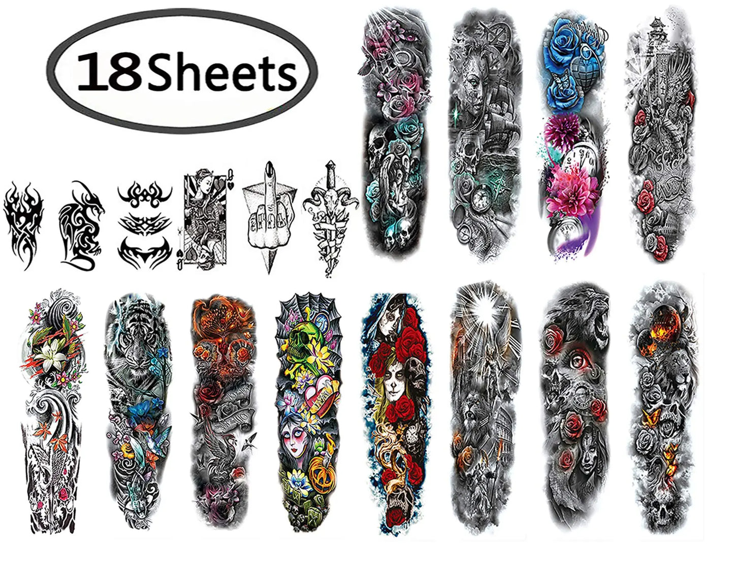 Unisex full-arm tattoo sleeve set, 10 fabric designs with dark and colorful artwork