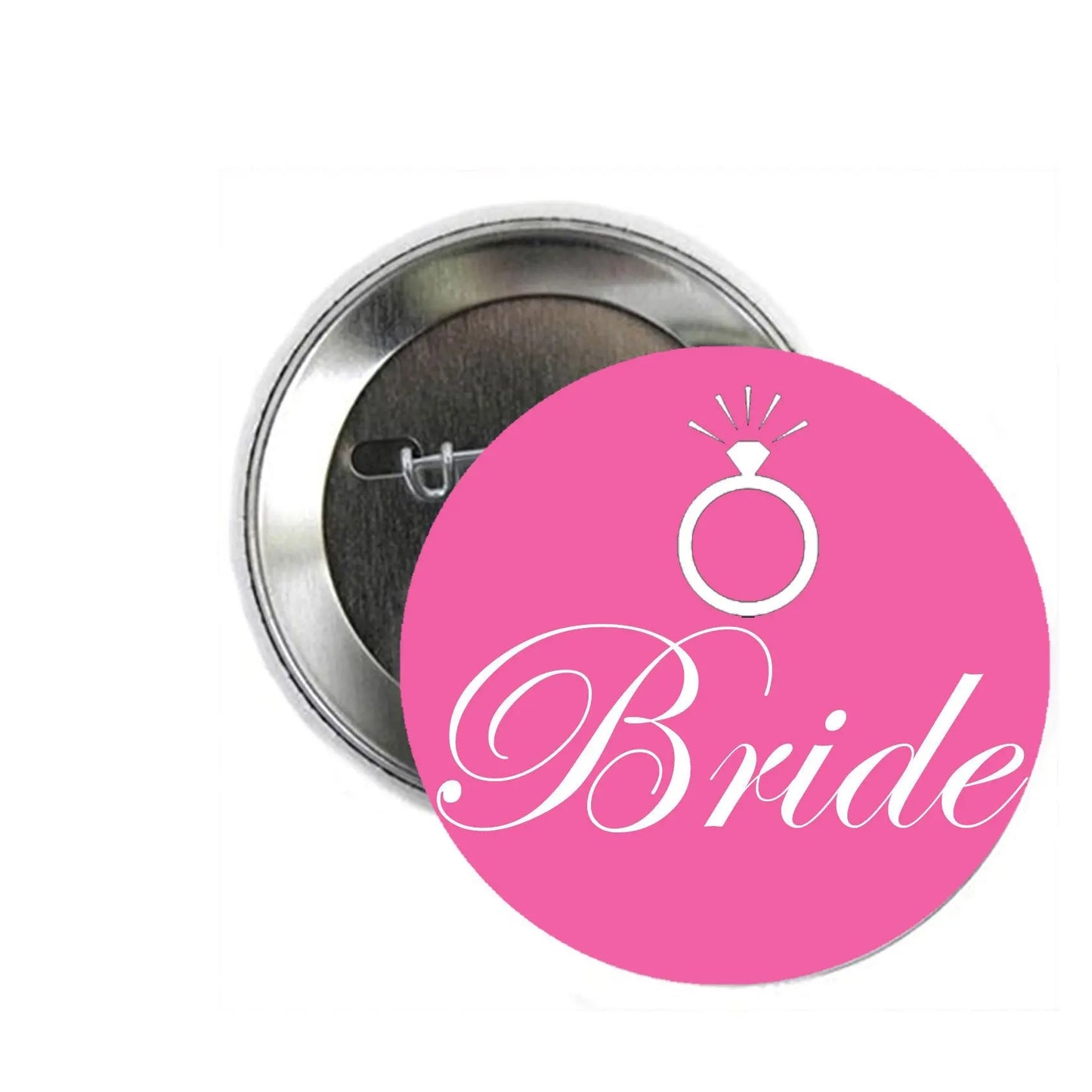 Bride pink pinback button with ring-and-stars design and safety pin back