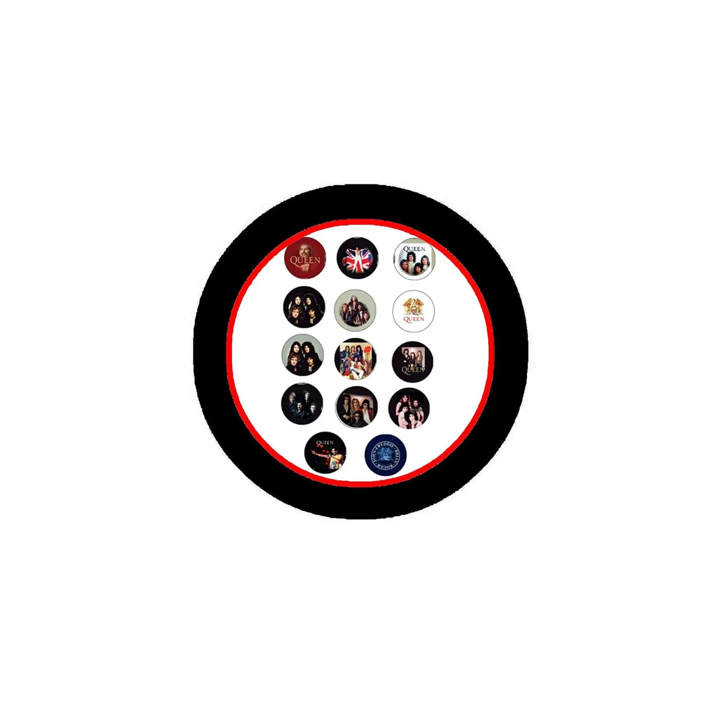 Set of round pinback button badges, black border with multiple themed face designs