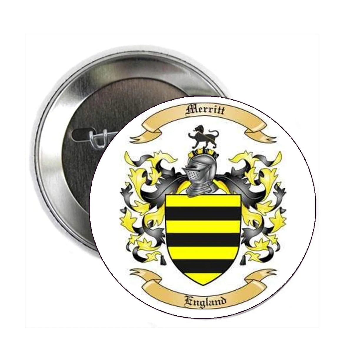 Round coat arms family crest magnet with gold banner, shield, and lion on white