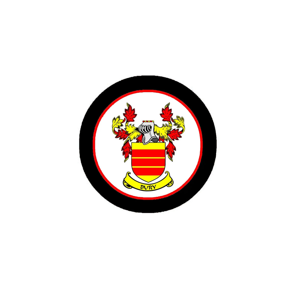 Round coat-of-arms crest magnet with shield, red leaves, and 'BURY' text