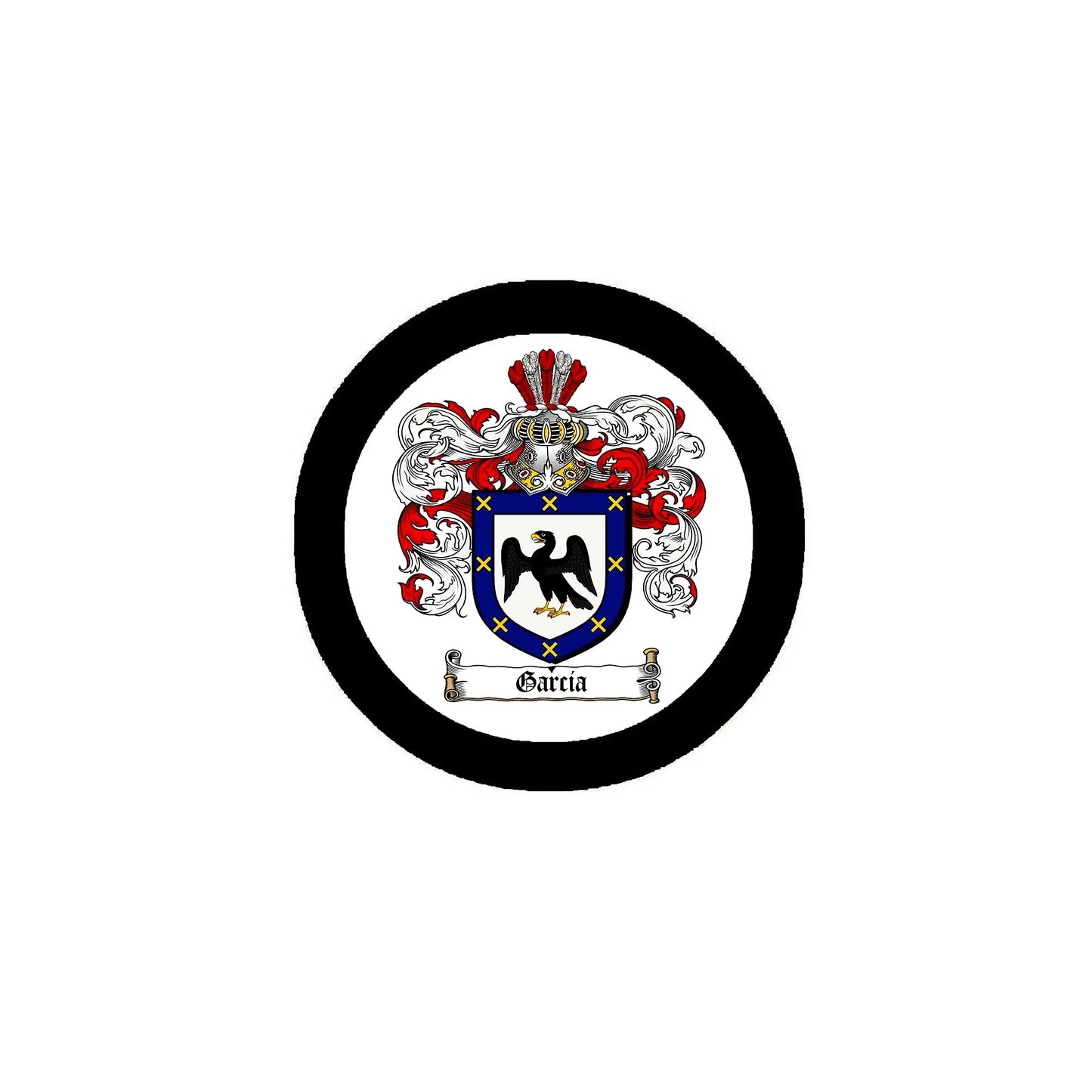 Round coat of arms pin badge with black border and colorful shield crest