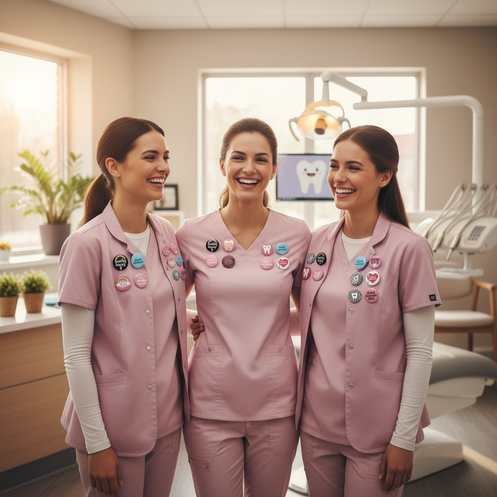 Three smiling women in matching pink medical scrubs stand together in a bright dental office. Each scrub top has several colorful round badges pinned or attached on the chest, and dental equipment is visible in the background.