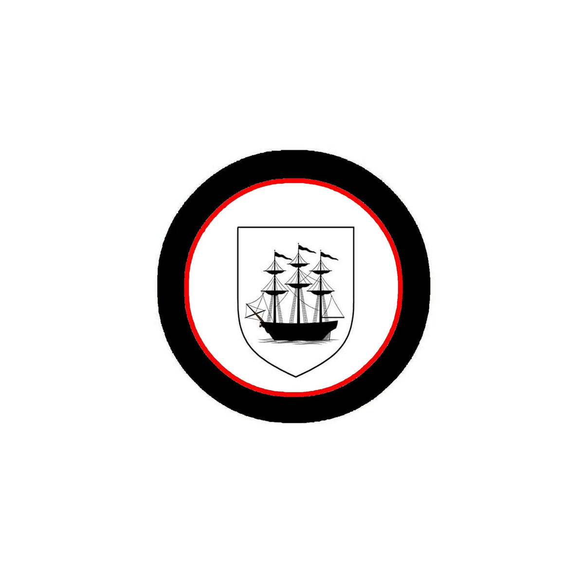 Round black-and-red coat of arms magnet with sailing ship shield