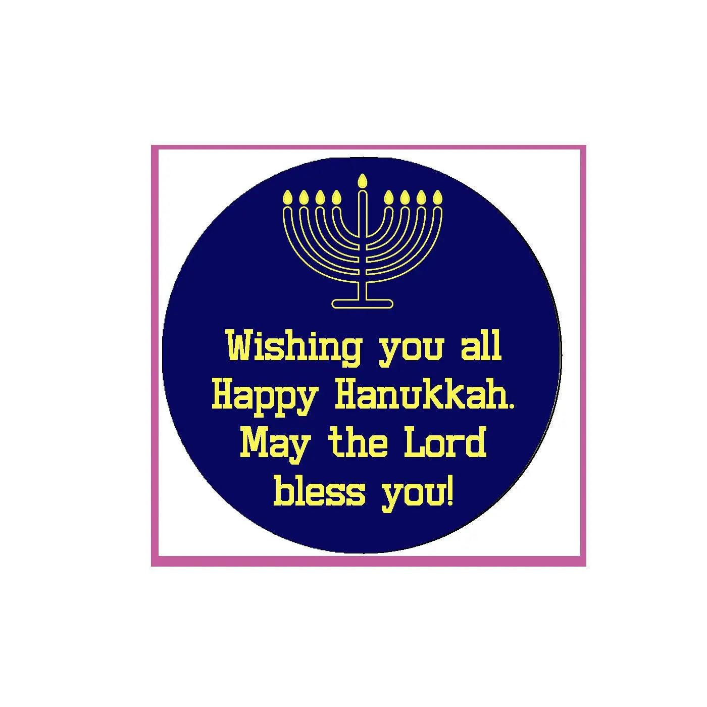 2.25-inch pinback badge with blue circle, gold menorah and “Happy Hanukkah” greeting